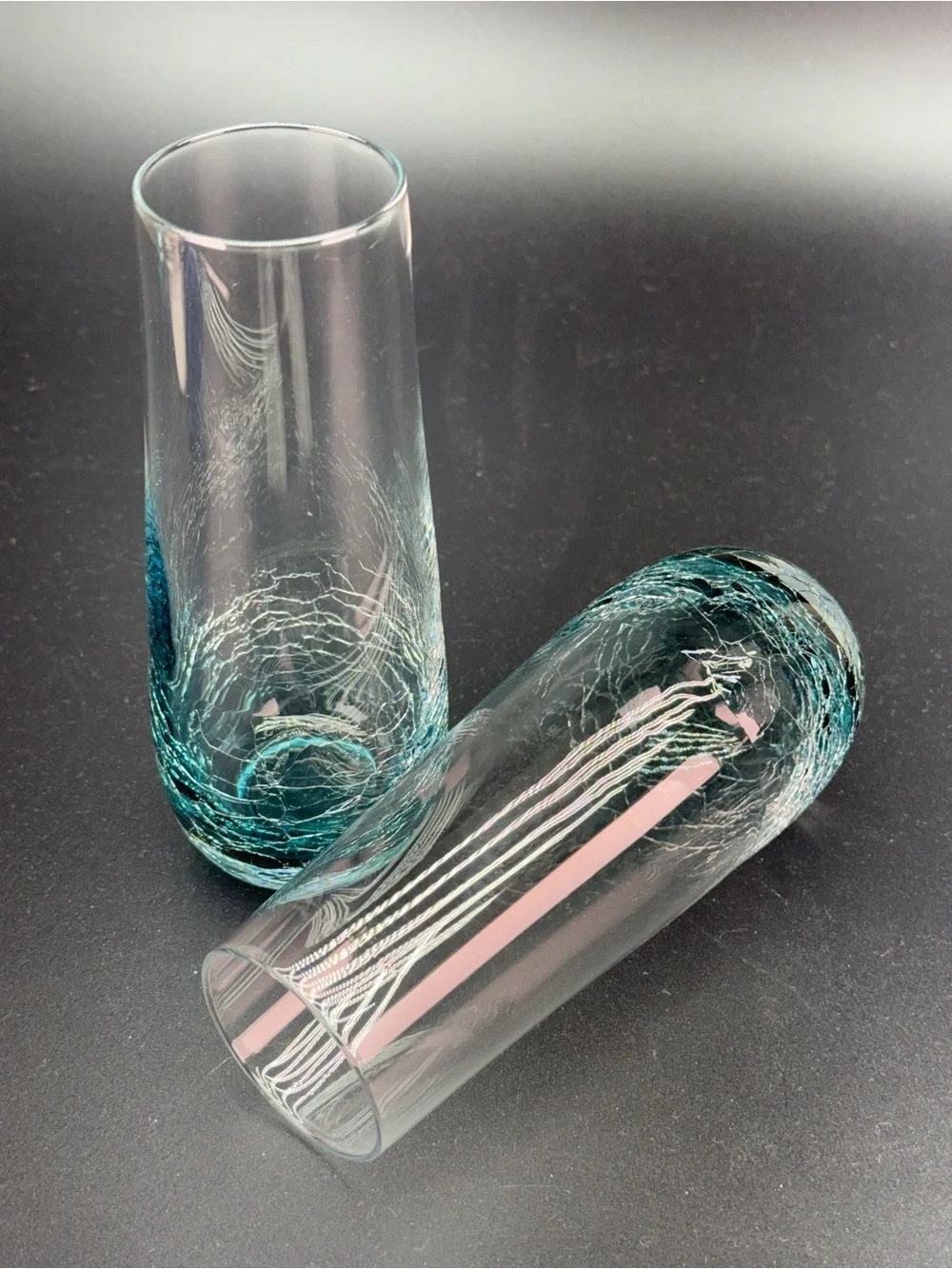 Vintage Pier 1 Teal Blue Crackle Glass  Stemless Champagne Mimosa Glasses